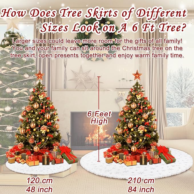 84 Inch Christmas Tree Skirt, Faux Fur Extra Large White Tree Skirt for 7 to 15 ft Xmas Tree, Plush Soft Thickened Mat with Silver Sequin Snowflake for Xmas Tree Decor Reusable Christmas Decorations
