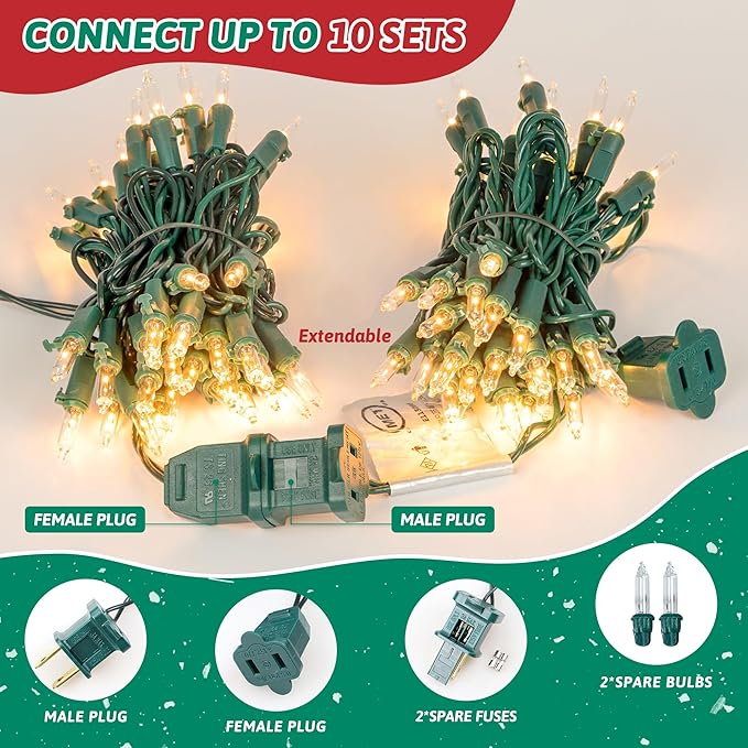 HEYFUNi Clear Christmas Lights 50Count 13Feet White Christmas Tree Lights Set, Incandescent Bulb Mini String Lights for Indoor Outdoor Tree Party Weeding Home Xmas Holiday Decorations, Green Wire