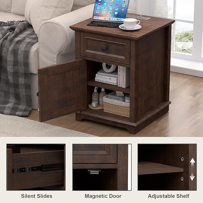 24" Tall End Table with Fast Charging Station, Square Side Table with Drawer & Large Storage Cabinet, Vintage Wooden Table for Living Room/Bedroom, Cherry
