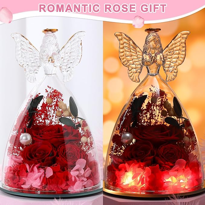 Christmas Rose Gifts for Women Preserved Real Flower in Glass Angel Figurines Roses for Delivery Prime Birthday Gifts for Mom Grandma Girlfriend Wife Her, Red Austin Roses