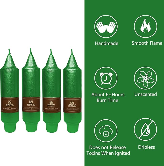 5 Inch Short Taper Candles Candle Sticks Handmade Set of 4 Smokeless Long Burning Dripless Tapered Candle for Wedding Christmas Home Decoration(Metal Green)