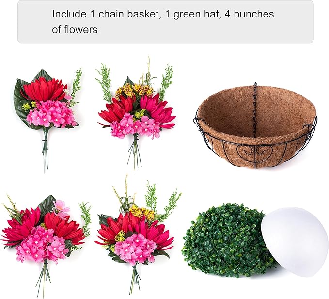 HyeFlora Artificial Fake Hanging Fall Mums Flowers Baskets for Outdoor Decoration, Faux Red Chrysanthemum Silk Red Flower, UV Resistant Realistic for Porch Patio Balcony Yard Summer Autumn Decor