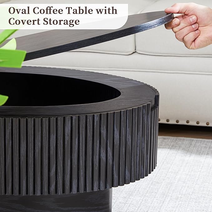 Oval Coffee Table with Hidden Storage, 31.5 Inch Wide Modern Coffee Table, Center Table with Fluted Veneered, Accent Tea Table for Small Space Living Room Apartment (Black)