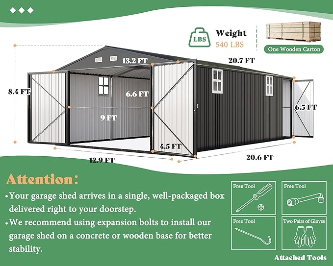 AMERLIFE 13x21x8.4 FT Outdoor Metal Garage Shed, Extra Large Storage Shed with Double Hinged Doors & 4 Windows, Carport for Car, Boat, Truck and Equipment Storage, Dark Gray