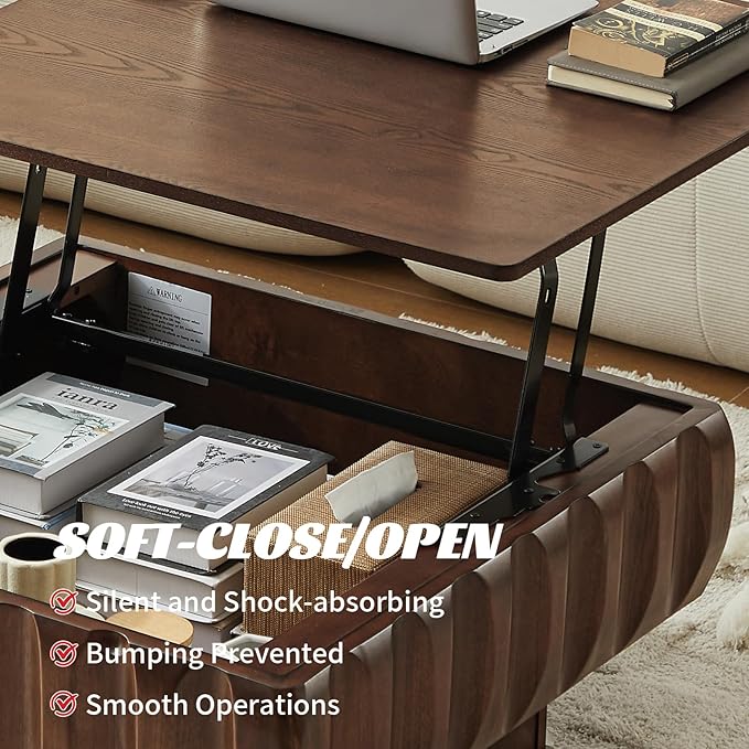LKTART 31" Lift Top Coffee Table for Living Room, Fluted Coffee Table with Hidden Storage Compartment, Mid Century Modern Solid Wood Veneer Square Center Table for Office Apartment Small Space, Walnut