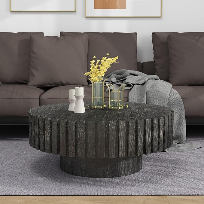 Round Coffee Table, 31.5" Circle Wood Center Table with Pedestal, Wood Coffee Tables for Living Room, Small Space, Office, Apartment, Easy Assembly, Black