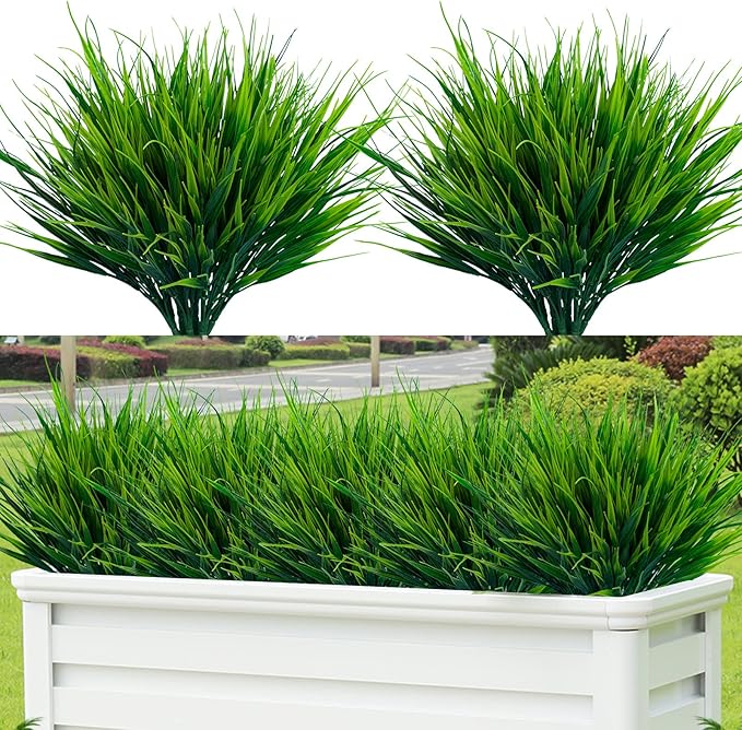 Lnoicy 20pcs Artificial Outdoor Plants, Fake Wheat Grass Greenery Shrubs UV Resistant Faux Plastic Plants Garden Porch Window Box Décor (Grass)