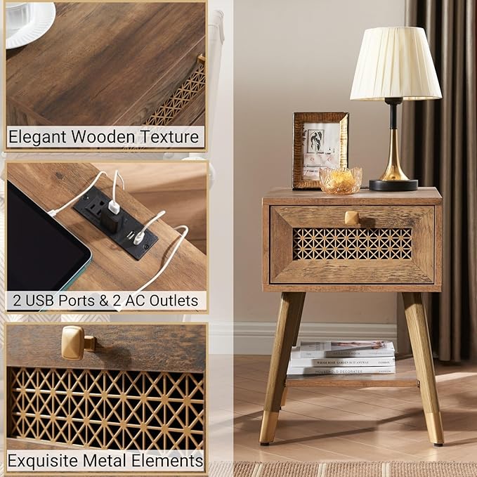 Mid Century Modern End Table for Living Room, Rustic Oak Small Side Tables with Charging Station, Outlets and USB Ports, Wood Nightstand with Storage Drawer and Open Shelf