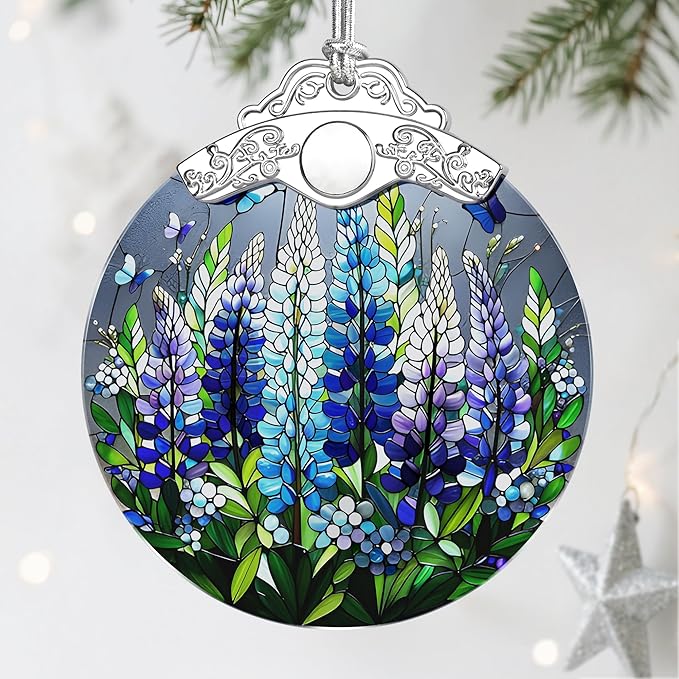 Stained Glass Ornament, Christmas Ornaments, Christmas Decorations for Tree, Holiday Ornament, Gifts for Flower Lovers, Holiday Party Gifts, Gift Ideas & Xmas Gift - Lupine with Butterfly