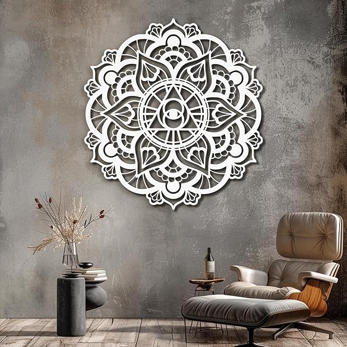 XXQ Mandala Eye of Providence Metal Wall Art Sacred Geometry Design, Black and White Abstract Geometric Wall Sculpture for Living Room, Office, Meditation Room (White, 35" x 35" / 90 x 90 cm)