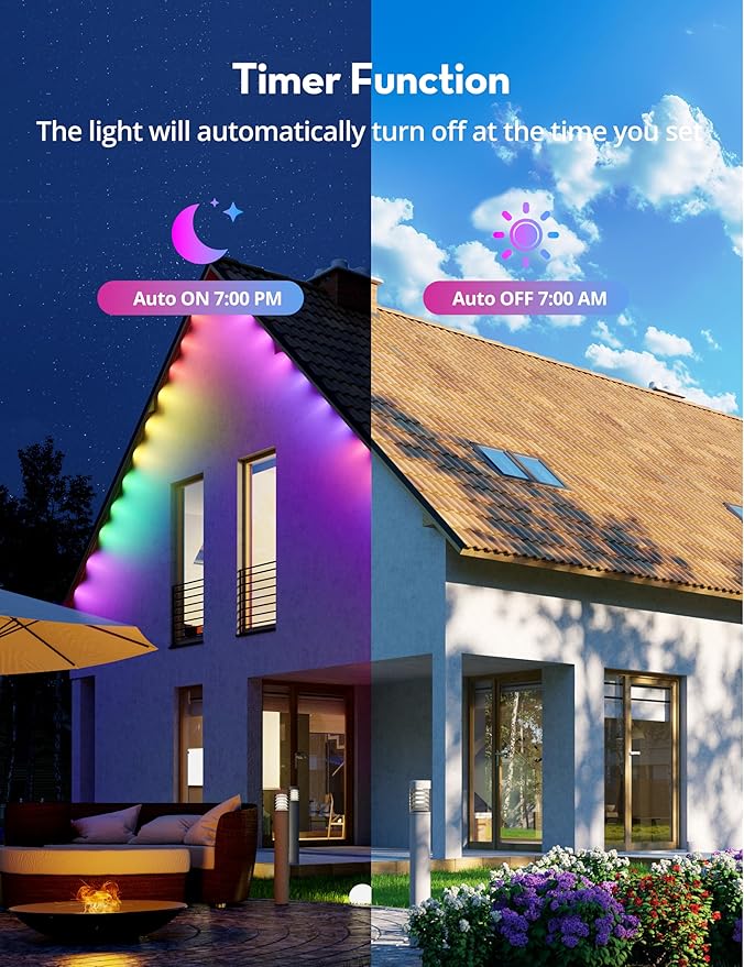 RGB+IC Permanent Outdoor Lights for House Garden, 50Ft Smart Eave Lights, String Lights, IP67 Waterproof, for Christmas Halloween Decor Birthday Gift with Alexa, Google Assistant APP/Remote Control