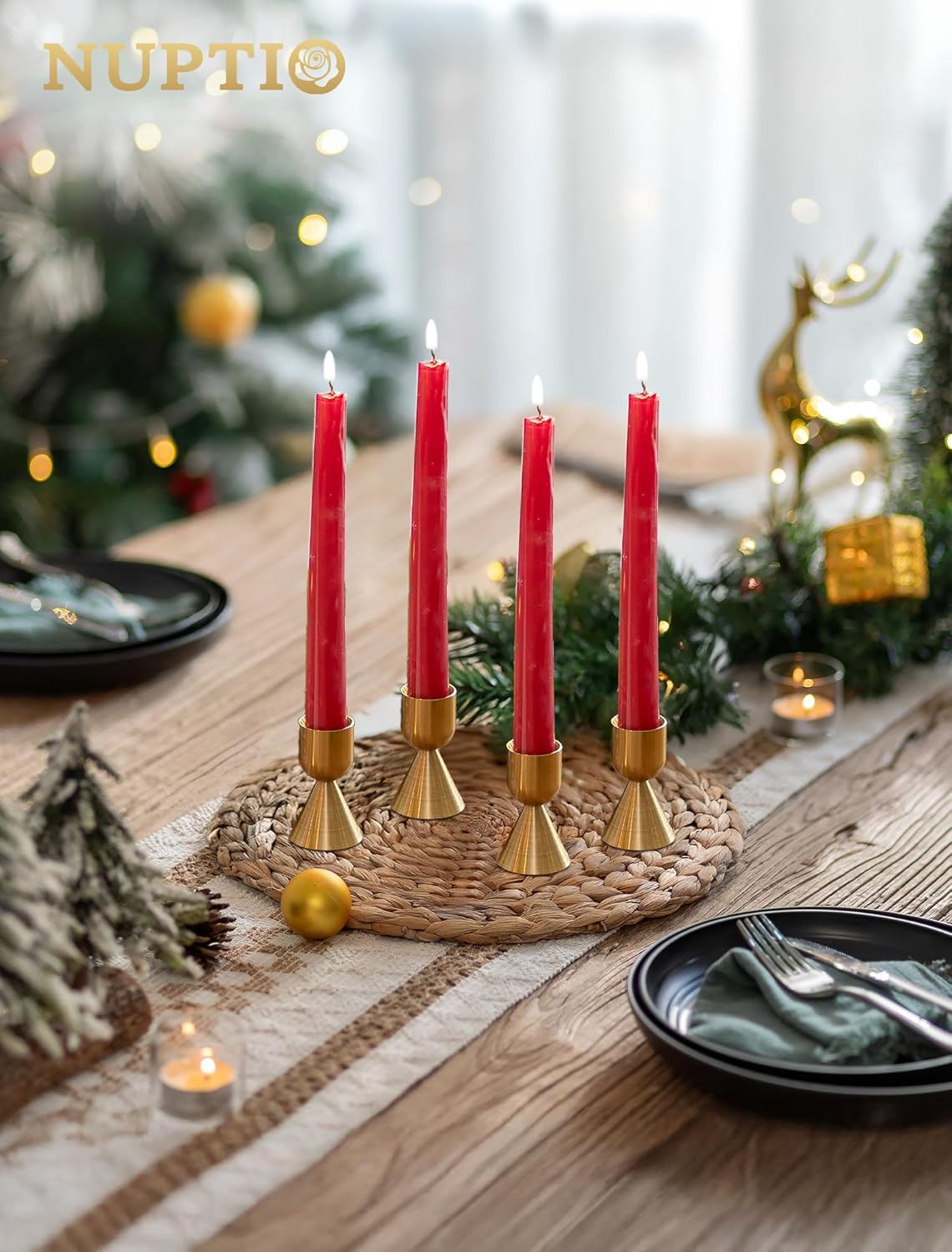 NUPTIO Gold Candlestick Holder Bulk: Set of 12 Brass Taper Candle Stick Holders - Small Aluminium Candleholder for Thanksgiving Birthday Christmas Decor