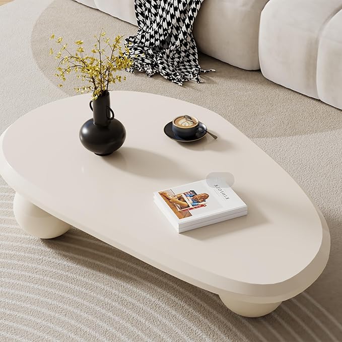 Cloud Coffee Table for Living Room, 51.18" Large Oval Wood Coffee Table with 3 Ball Legs, Unique Modern Living Room Table Center Table for Home Office, White