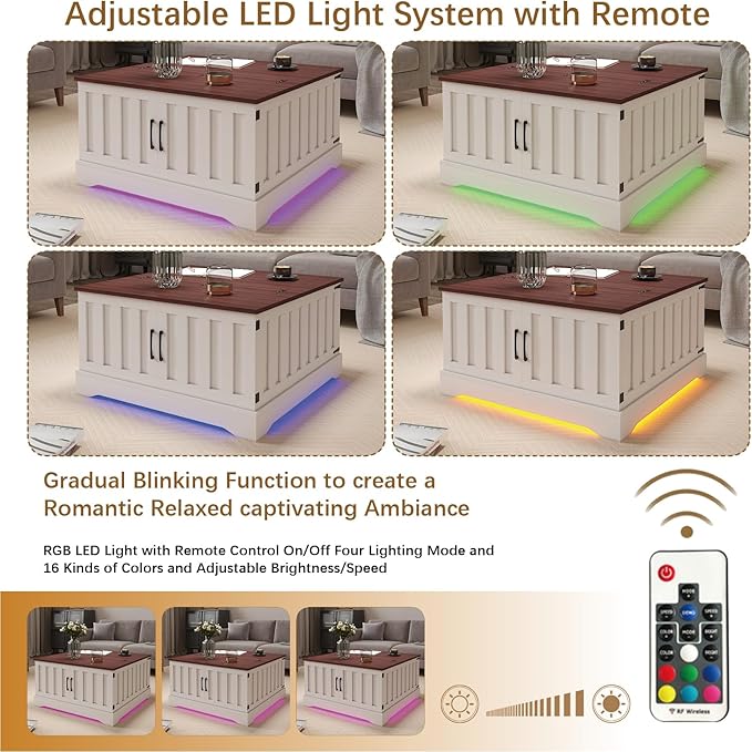 Square Lift Top Coffee Table with Storage, White Brown Led Coffee Table for Living Room with Large Hidden Storage, 30.7" Wood Table Led Center Table for Dining Reception Room