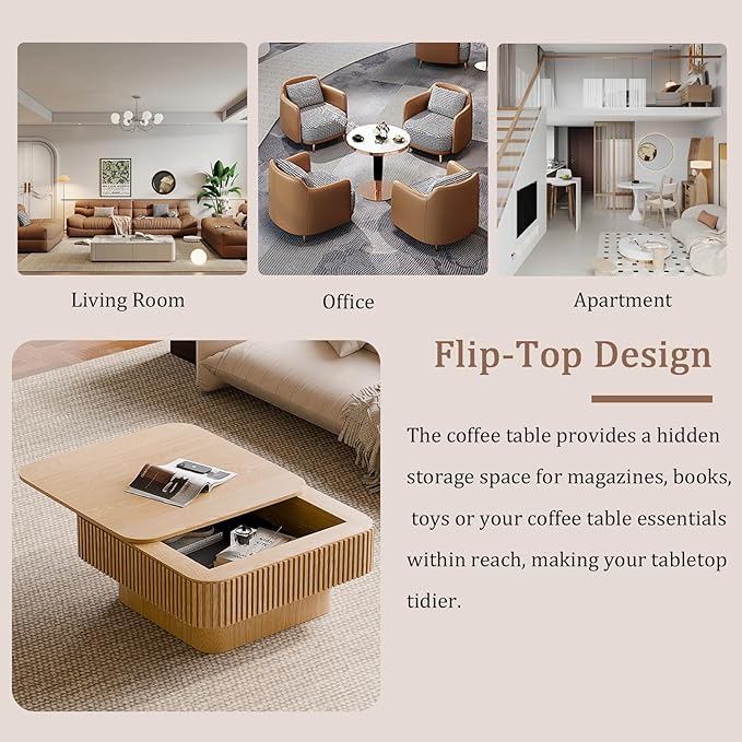 31.5" Square Coffee Table with Hidden Storage Compartment, Modern Handcraft Fluted Drum Coffee Table,Wooden Square Center Table Cocktail Tea Table with Sturdy Pedestal for Living Room,Natural
