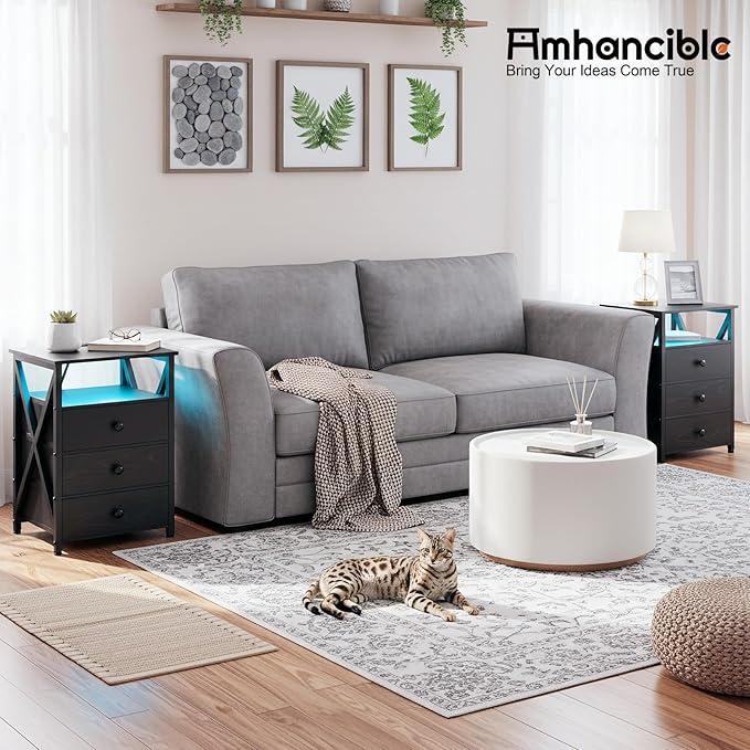 AMHANCIBLE Night Stand Set 2, LED Nightstand with Charging Station, End Side Tables with USB Port & Outlet, Bedside Table with Fabric Drawers for Bedroom Living Room, Black, HET053LBK
