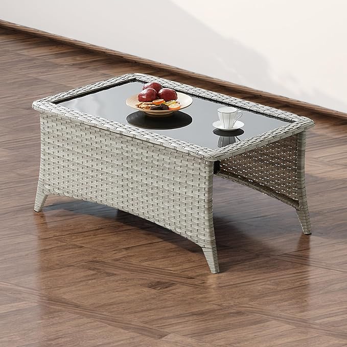 Rilyson Patio Tables Wicker Coffee Table - Outdoor Rattan Coffee Tables with Glass Top for Patio Proch Deck Balcony Rectangle Light Grey