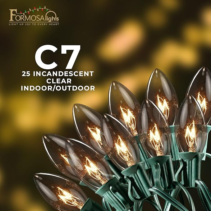 C7 26ft Indoor/Outdoor Clear Incandescent Christmas String Lights with 25 Bulbs and E12 Base | 120V, 5W