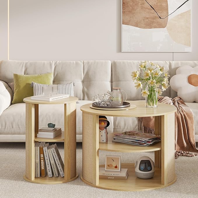 Wood Round Coffee Table Set of 3, 2-Tier Farmhouse Circle Center Coffee Table and End Table Sets with Adjustable Shelf, Sackcloth Finish, Boho, for Living Room, 27.5 Inches, Nature