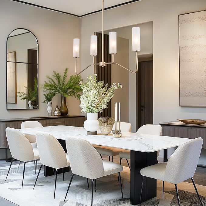 KSANA Gold Chandeliers for Dining Room, 4-Light Modern Pendant Light Fixtures, 32'' Linear Kitchen Island Lighting with Frosted Glass Shade