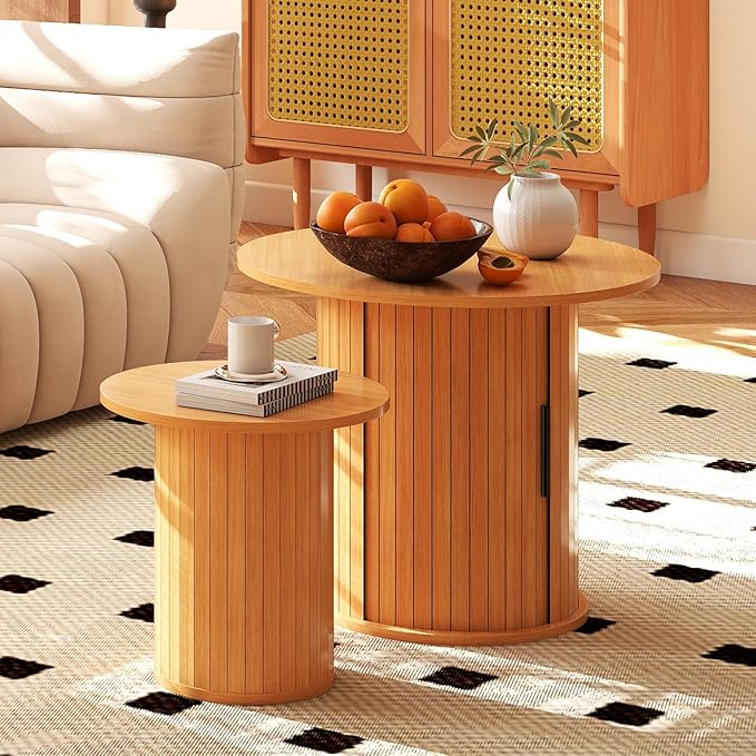 COSVALVE Nesting Coffee Table Set of 2 with Hidden Storage & Sliding Door, Circle Wood Coffee Table, Farmhouse Side & End Table Sets for Living Room, Small Spaces, Natural