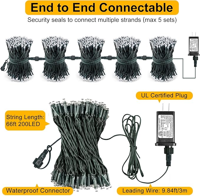Christmas Lights, 66FT 200 LED Christmas Tree Lights with 8 Modes Waterproof, Plug in Extendable Green Wire Xmas Decorations Light for Indoor House Yard Party Holiday Decor, Red Green