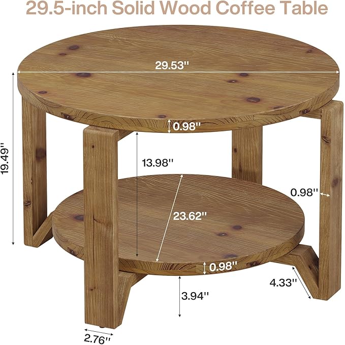 Tribesigns 30" Solid Wood Coffee Table, Round Small Coffee Table with 2-Tier Storage for Living Room, Farmhouse Brown Round Solid Wood Accent, Circle Center Furniture with Natural Texture Design