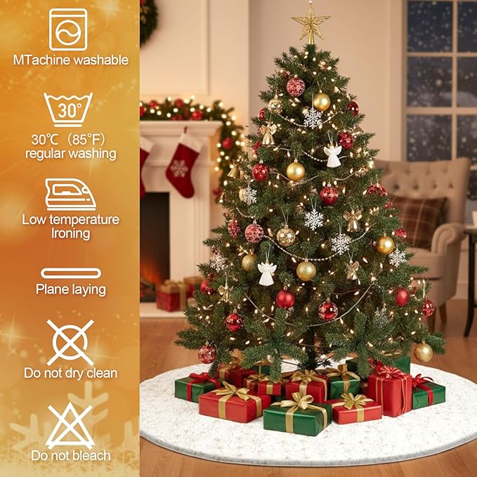 Libima 84 Inch Large White Christmas Tree Skirt with Gold Sequin Snowflakes Plush Faux Fur Christmas Tree Skirt for Xmas Holiday Winter Decorations