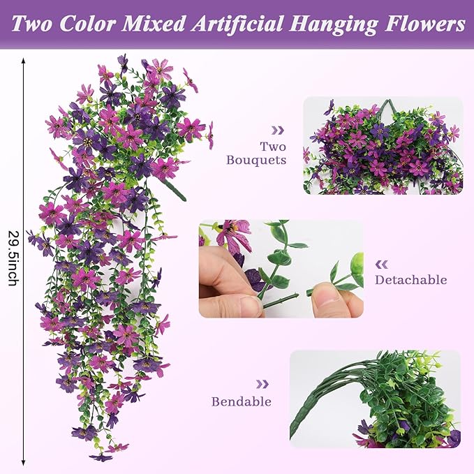 Geegoods Artificial Flowers for Outdoors Decoration, 4Pcs Faux Hanging Mums UV Resistant Realistic Silk Flowers for Outside Patio Porch Garden Yard Balcony Fall Decor
