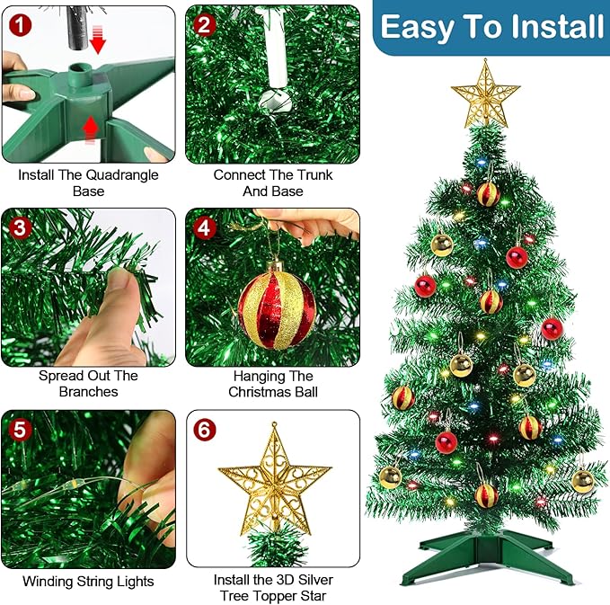 3 Ft Green Christmas Tree, 12 Modes Timer DIY 50 Multicolor Lights 15 Ball Ornaments 3D Star Battery Operated Artificial Xmas Tree for Indoor Home Holiday Party Decorations