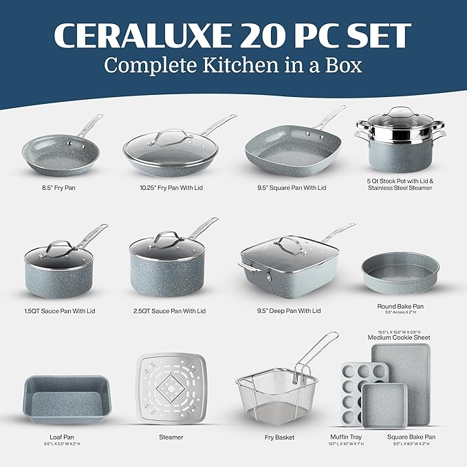 Granitestone Ceraluxe 20 Pc Ceramic Cookware Set Nonstick, Complete Pots and Pans Set Non Stick with 5 Pc Bakeware Set, Deep Frying Pan Set, & Steamer, Non Toxic PFOA Free, Oven & Dishwasher Safe