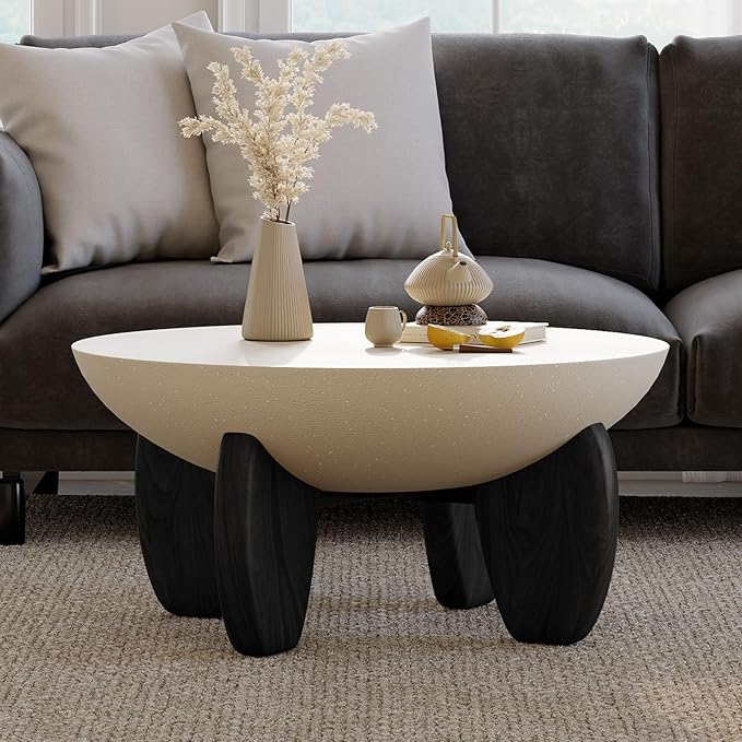 homary Round Concrete Coffee Table with Premium Walnut Ash Wood Legs, Modern Minimalist Cement Finish Center Table for Living Room (Black, 29.9" W x 29.9" D x 14.4" H)