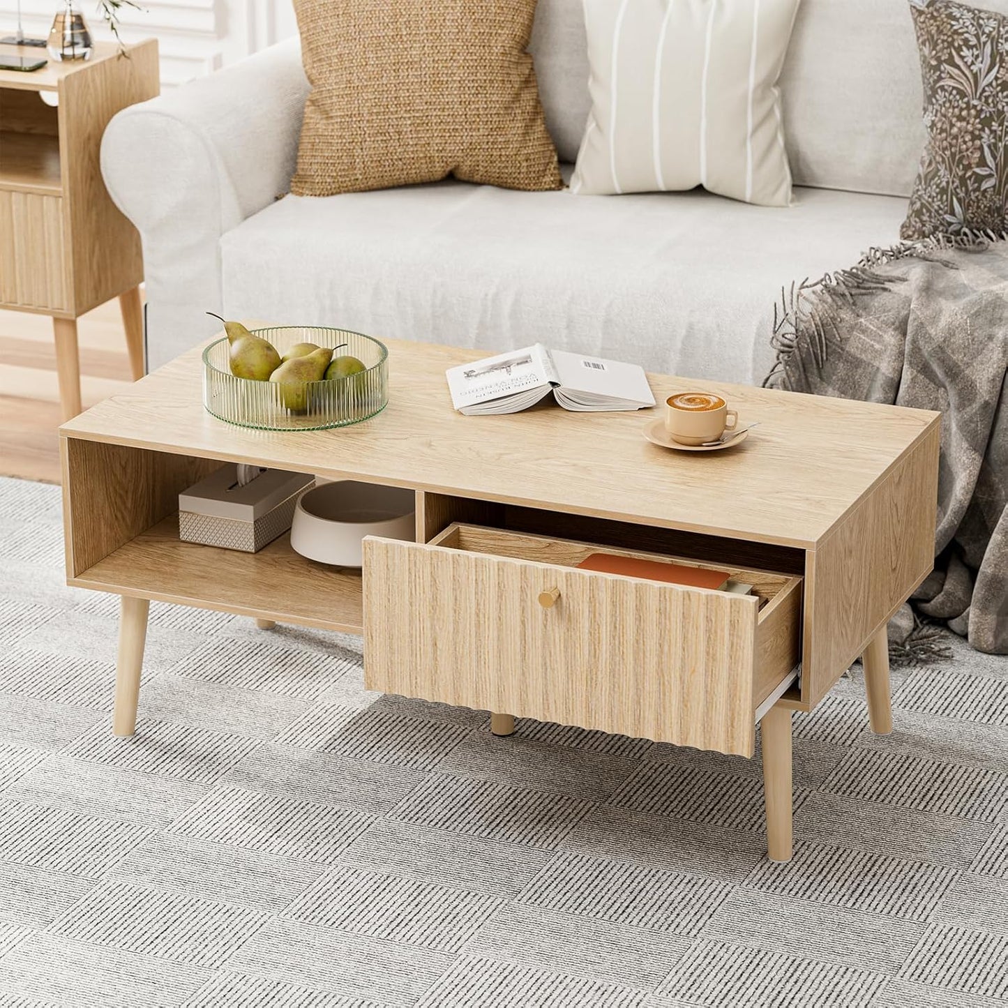 Coffee Table with Storage, Boho Dining Table with Fluted Drawer and Solid Wood Legs, Small Coffee Tables for Living Room, Oak