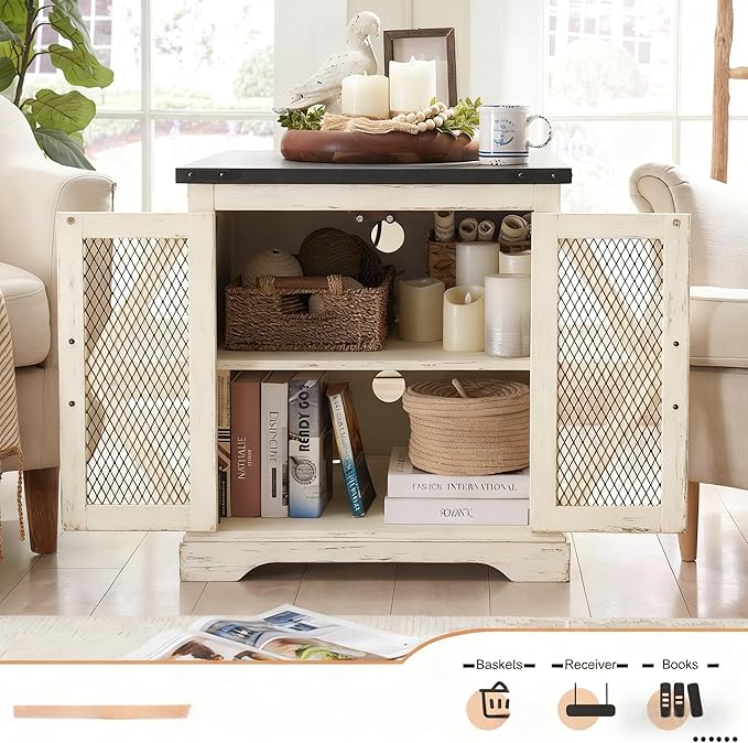 JXQTLINGMU Farmhouse End Table, 24" Large Sofa Side Table with Charging Station, Mesh Barn Door, and Adjustable Storage Shelf, Rustic Wood Square Nightstand for Living Room, Bedroom, Off White