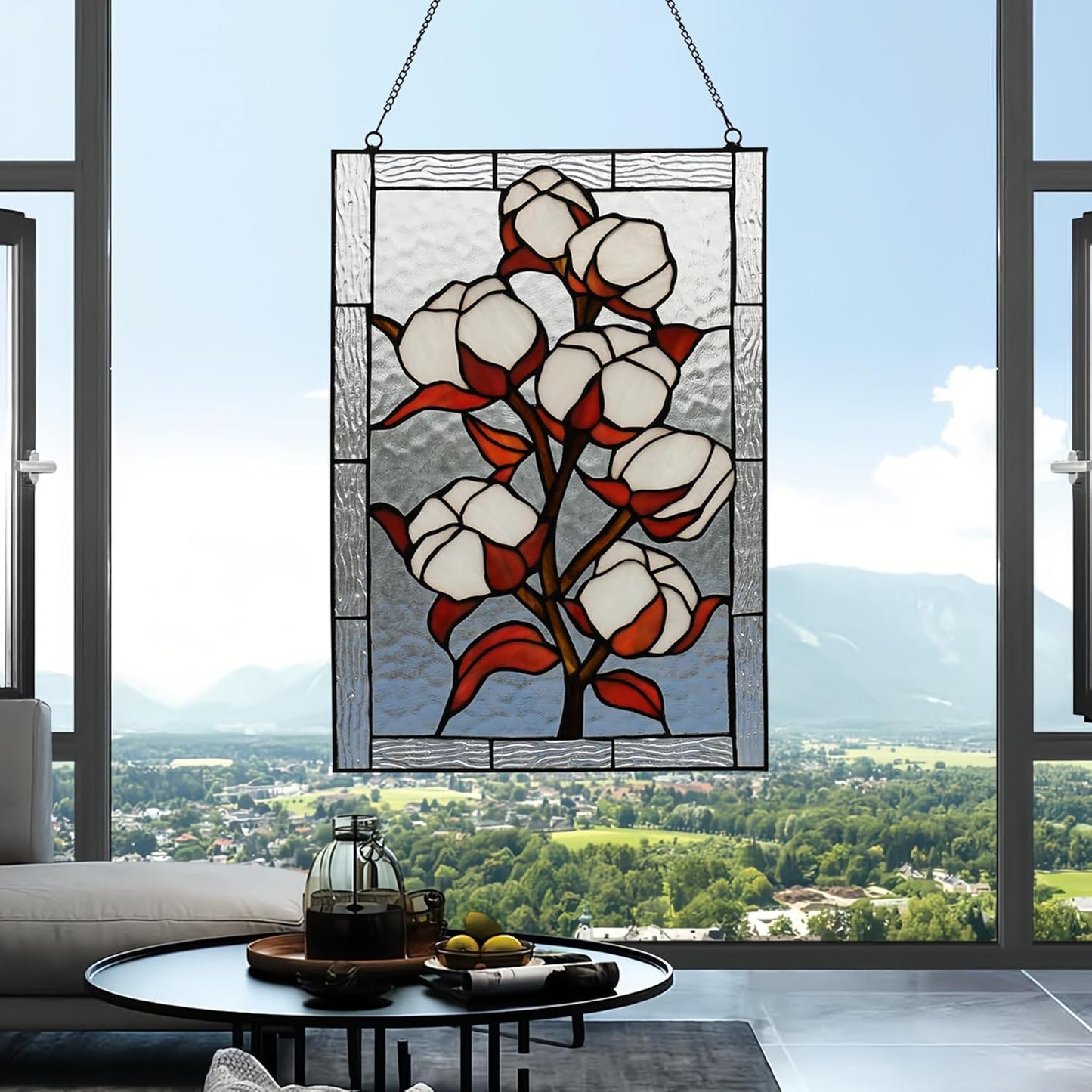 YOURANJU Stained Glass Window Hanging 16" H x 11" W Tiffany Style Rectangular Window Panel Suitable for Living Room Bedroom Kitchen Window Decoration Hangings with Chain (Plum bossom)