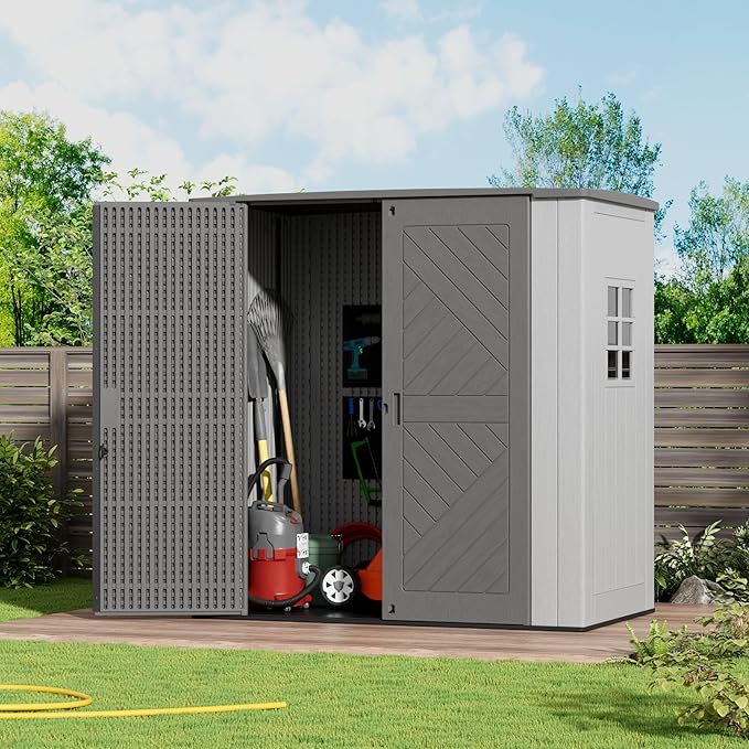 6×3.5 FT Storage Shed with Floor,HDPE Resin Outdoor Storage Shed Weather Resistant,Garden Sheds with Windows for Home/Garden Tools/Backyard/Lawn Mower/Bike Storage(Gray)