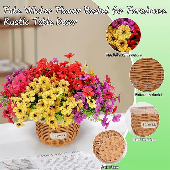 Geegoods Artificial Plants Flowers, 24 Bundles Plastic Fake Violet with 2 Woven Baskets Faux Mix Color Flower for Farmhouse Table Centerpiece Wedding Home Decor