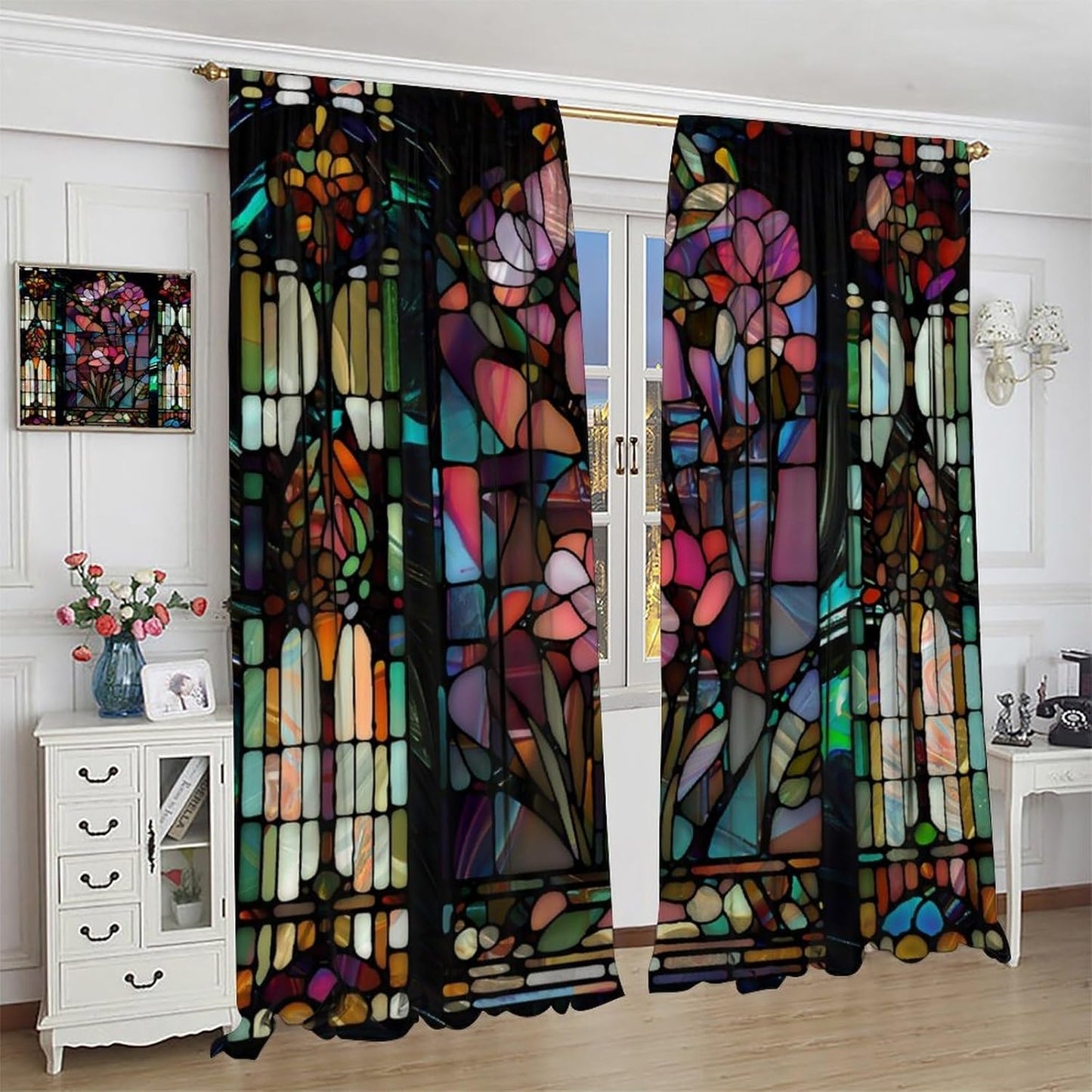Stained Glass Curtains,Vintage Colorful Abstract Art Home Decor Drapes for Bedroom Living Room Kitchen Window Treatment 2 Panels Set Total Size 42" W X 45" L Inch