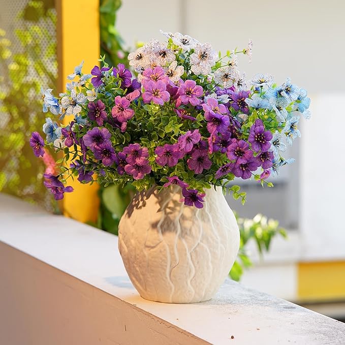 Artificial Flowers for Outdoor Indoor Garden Home Decoration, Faux Flower Daisy with Eucalyptus Leaves Fake Plants Greenery Boxwood Porch Patio, 10 Bundles (Purple-Blue)