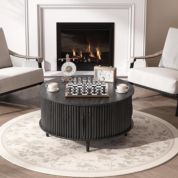Round Coffee Table with Storage, Mid Century Modern Center Table with Sliding Cabinet Door, Fluted Dining Table for Living Room, Home Small Space, 31.5", Black