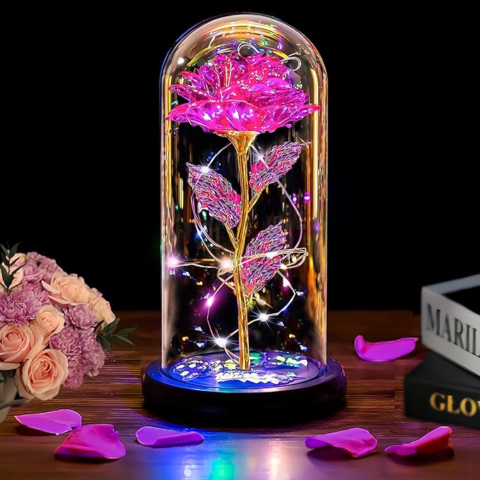 Christmas Rose Gifts for Women Mom, Womens Gifts for Christmas, Glass Flower Gifts for Sister, Rose Enchanted Crystal Flower Gift Light Up in Glass Dome,Birthday Gift for Women Wife