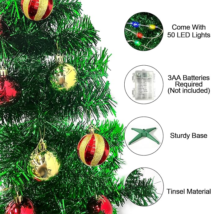 3 Ft Green Christmas Tree, 12 Modes Timer DIY 50 Multicolor Lights 15 Ball Ornaments 3D Star Battery Operated Artificial Xmas Tree for Indoor Home Holiday Party Decorations