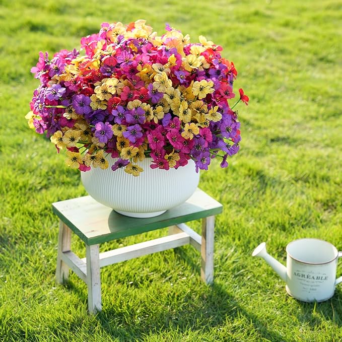 Artificial Flowers for Outdoor Faux Plants for Spring Summer Decoration, UV Resistant Realistic Silk Plastic Fake Flowers Garden Porch Patio Balcony Yard Front Home Decor, 24 Bundles
