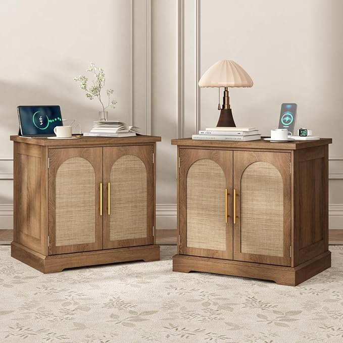Rattan End Table with Charging Station, 24" Large Sofa Side Table with 2 Arched Doors, Boho Wood Square Nightstand Bedside Tables with Adjustable Storage Shelf for Living Room, Bedroom