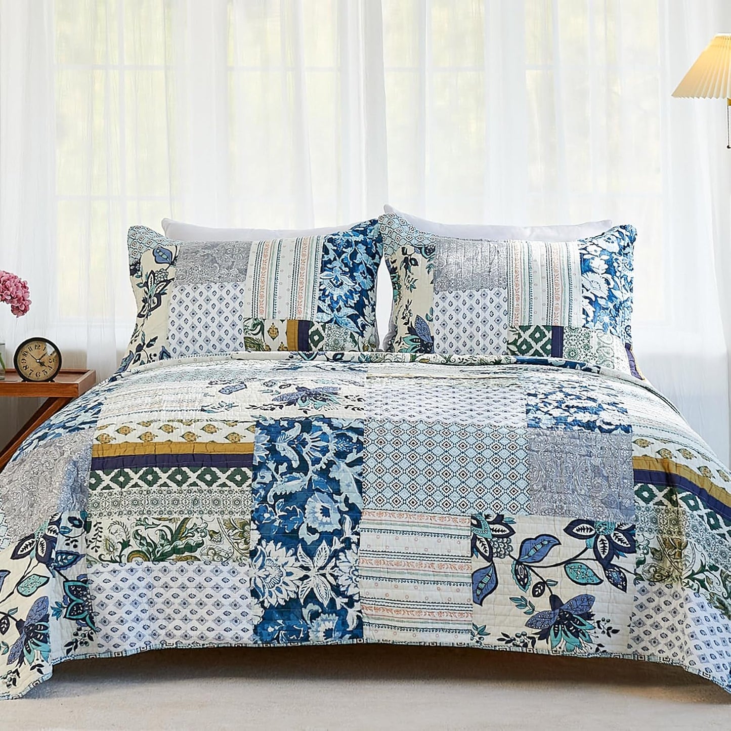 Secgo King Size Comforter Set- 100% Cotton Quilt King Size Set, Green, Sage bedspreads (98 * 106 Inch) with 2 Pillow Shams, Patchwork Reversible Lightweight Bedding