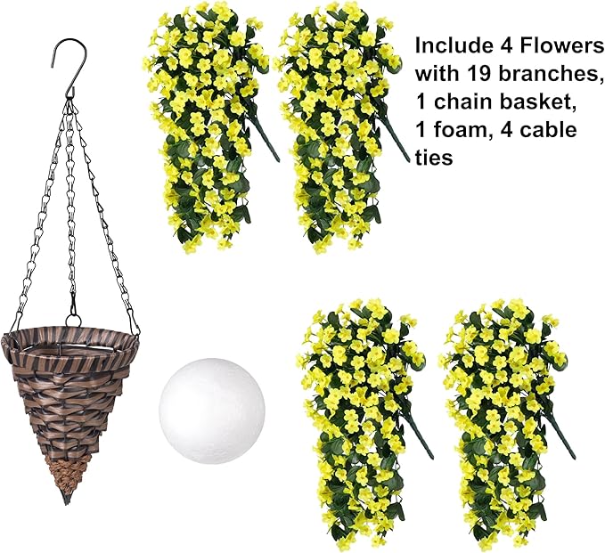 HyeFlora Artificial Fake Hanging Outdoor Flowers Plants Basket, Faux Silk Yellow Daisy Flowers UV Resistant Realistic Hanging Planter Orchid Vines for Outside Porch Patio Home Garden Yard Decoration