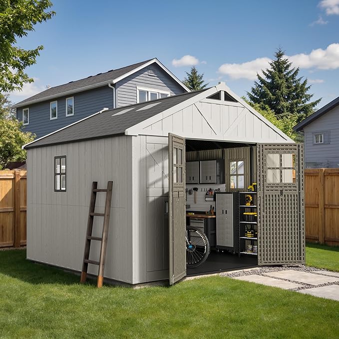Devoko 10x10 FT Resin Outdoor Storage Shed with Floor, Plastic Tool Garden Shed with Windows & Lockable Door, Outside Large Storage Shed for Patio Backyard Lawn, Beige