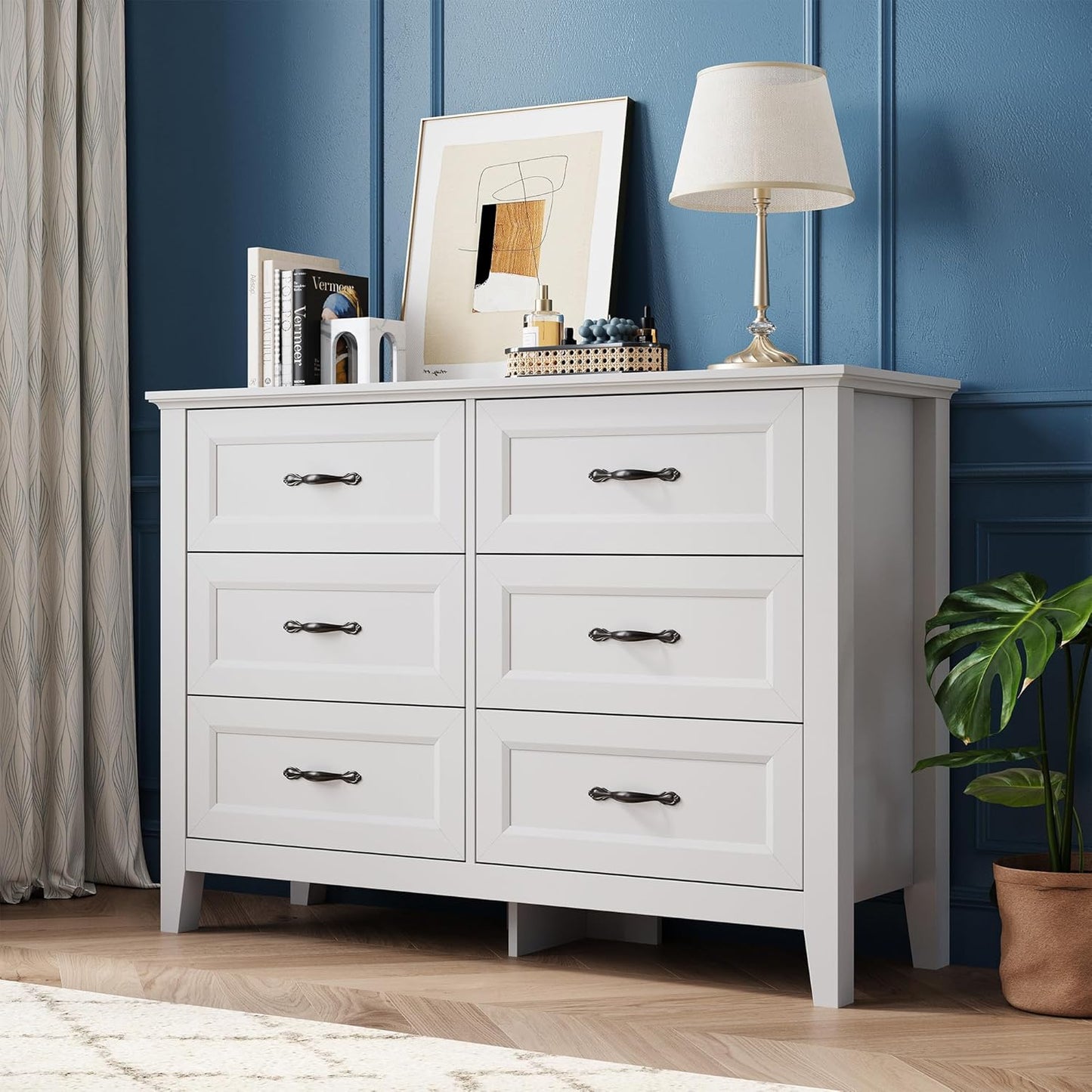 LINSY HOME Dresser for Bedroom, 6 Drawer Dresser with Metal Handles, Chest of Drawers for Living Room, Entryway and Hallway, White