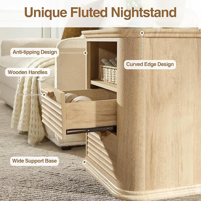 Okvnbjk 22" Fluted Night Stand with Charging Station, Modern End Table with 2 Drawers & Open Storage, Stylish Bedside Table for Living Room, Bedroom, Side Tables Curved Profile Design, Oak
