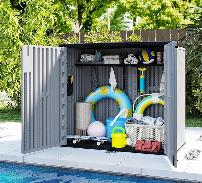 ZZM 37 Cu.ft Outdoor Storage Shed with Floor HDPE Double-Wall Resin Sheds Outdoor Storage, Lockable Weatherproof Storage Cabinet Fit for Garden Tools, Garage can, Bike, Patio Furniture, Grey